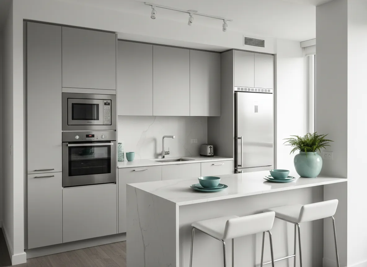 Modern kitchen at Siena South apartments with stainless steel appliances and bar seating